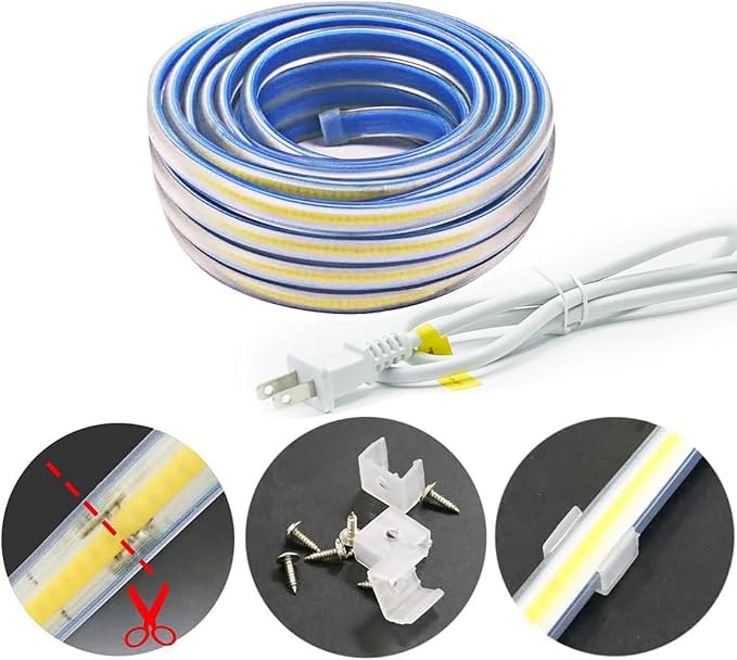 3000K LED Light Strip AC 110V 1M Waterproof Strip Lights IP67 | 110 Volt Plug-in COB LED Strip Lights 3.28ft Warm White Rope Light for Outdoor Indoor Kitchen Under Cabinet Lighting