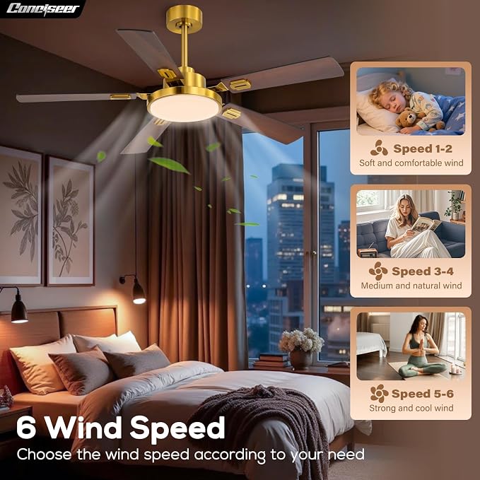 Conciseer 52 Inch Ceiling Fans with Lights and Remote for Bedroom Living Room Kitchen Office, Indoor/Outdoor Use, 6CCT Dimmable, 5 Blades, 6 Speed Reversible Quiet DC Motor, Gold/Wood Grain