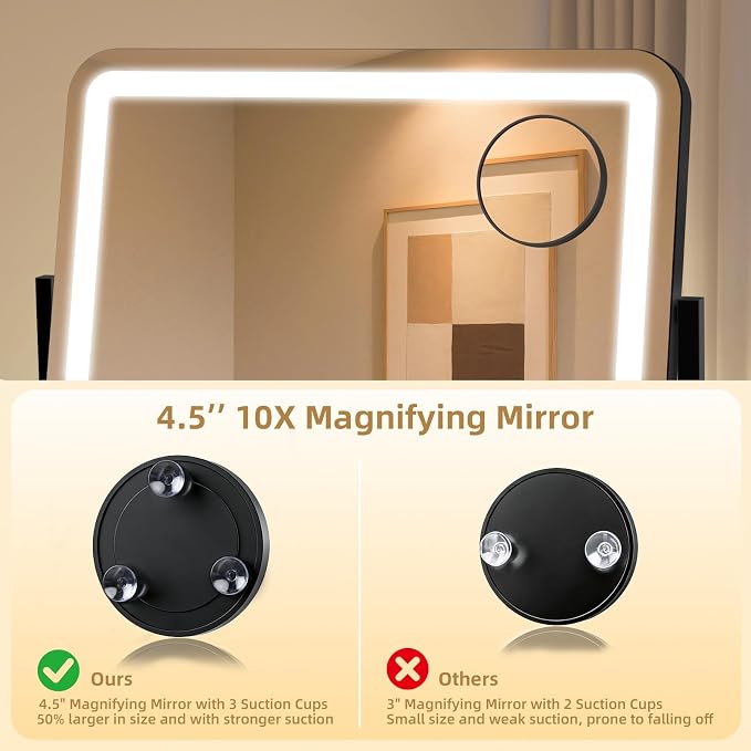 Vanity Mirror with Lights 22"x17", Lighted Makeup Mirror with 10X Magnification, 3 Color Dimmble Lights, Touch Control, 360° Rotation, Metal Frame, Women's Gift, For Bedroom/Dressing Room, Black