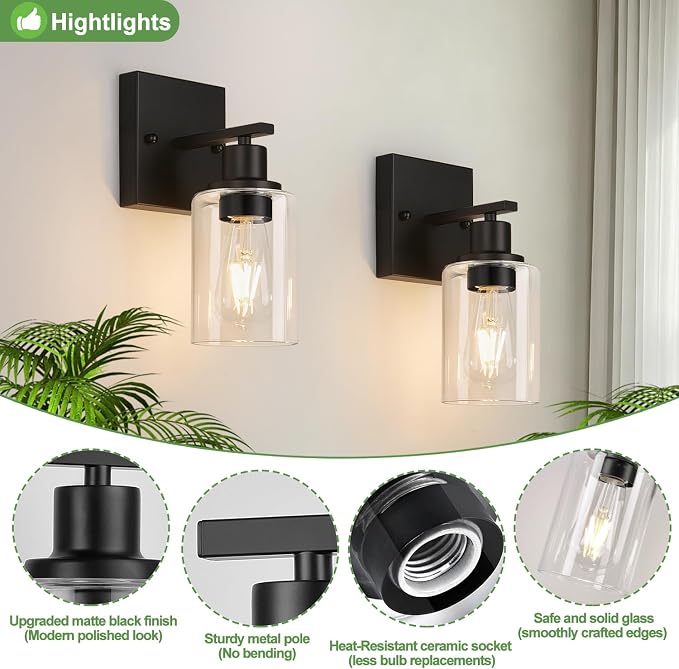 Indoi 1-Light Bathroom Light Fixtures, Matte Black Modern Vanity Lights with Clear Glass Shades, Bathroom Wall Lamp for Mirror Living Room Cabinet Bedroom Porch