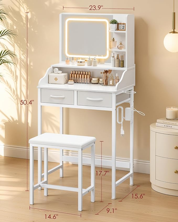 Kitsure 23.9" W Small Vanity Desk with Mirror and Lights, Power Outlet | Bedroom, Girls & Women, Small Vanity with Chair, 3-Mode LED Mirror, Hair Dryer Holder, White