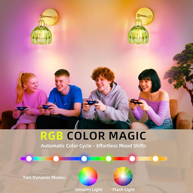 Battery Operated Wall Sconce with Remote Control, Wireless Wall sconces Set of Two with 7000mAh Dimmable Magnetic RGB Bulbs, Rechargeable Wall Light for Bedside Bedroom Living Room Hallway Wall Decor