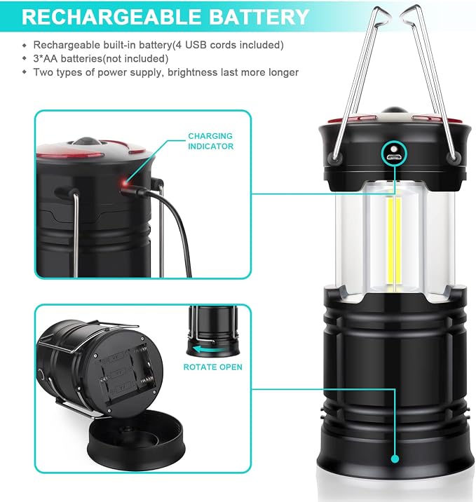 4 Pack Camping Lanterns Camping Essentials Tent Lights Camping Accessories | 2-in-1 Rechargeable Lantern, Hurricane Lights LED Lantern with Flashlight & Magnet Base for Camping, Hiking,Emergency, Outage