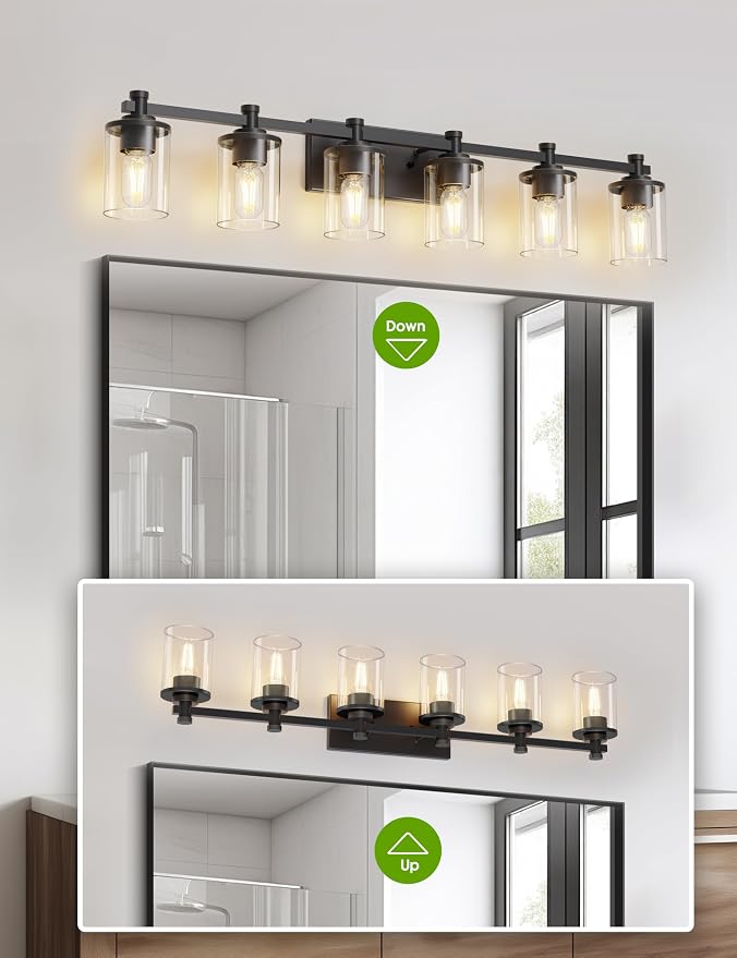 Bathroom Light Fixture, Bathroom Vanity Light Over Mirror, 6-Lights | Vanity Lights for Bathroom, Modern Lighting Fixtures with Clear Glass Shade, Black Vanity Lights, ETL Listed