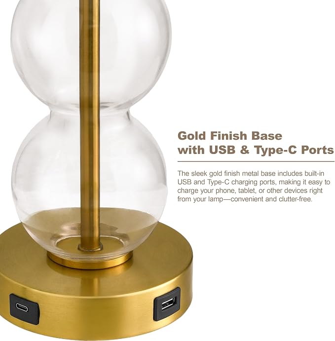 25" Glass Table Lamps Set of 2, Gold Modern Table Lamps with USB Ports for Living Room, Linen Shade Bedside Lamps for Bedroom, Nightstand, Side Table (Bulbs not Included)
