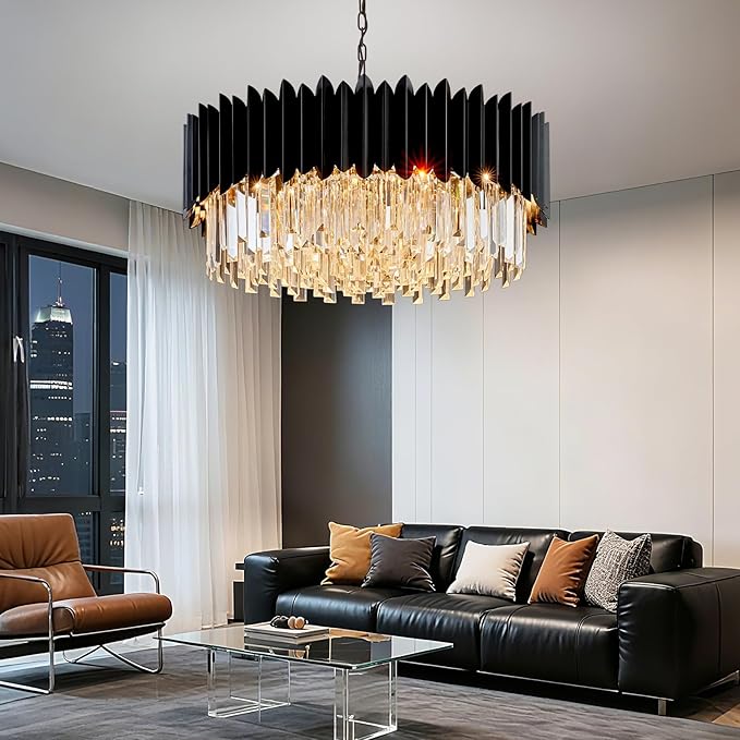 Modern Black Crystal Chandelier 24" Round Chandeliers 8-Lights Ceiling Pendant Light Fixtures 5 Tiers for Dining Room Living Room Bedroom Foyer Entryway