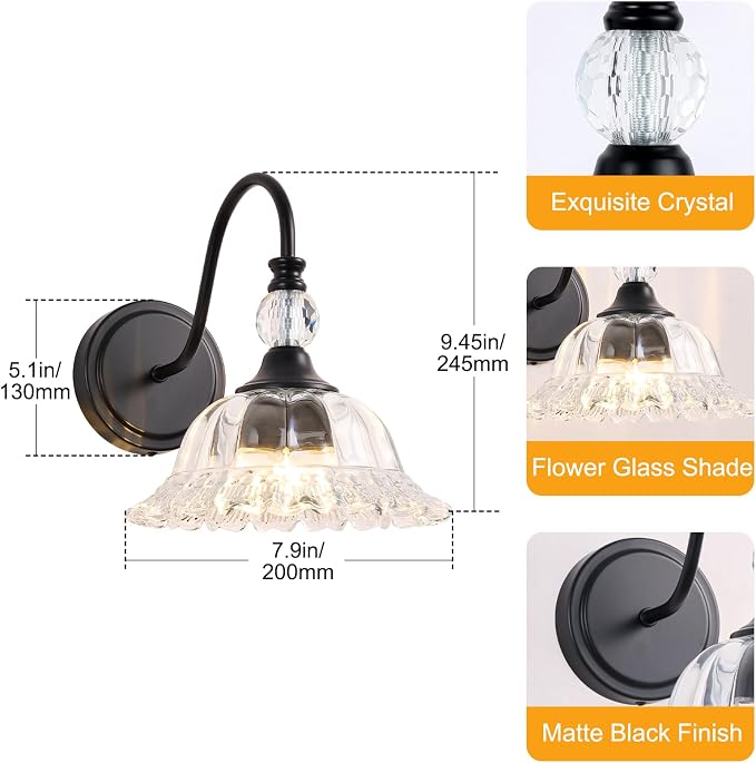 Vintage Bathroom Vanity Light Fixtures Matte Black Wall Sconces with Floral Crystal Glass Shade Wall Lights for Bathroom Bedroom Living Room Hallway Wall Decor(Exclude E26 Bulb)