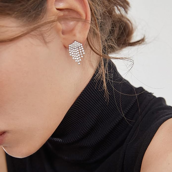 Luxval Rhinestone Earrings Dangling for Women Sparkly Silver Dangle Earrings Girls Long Chandelier Earrings Tassel Lightweight Ear Studs Cubic Zirconia Crystal Statement