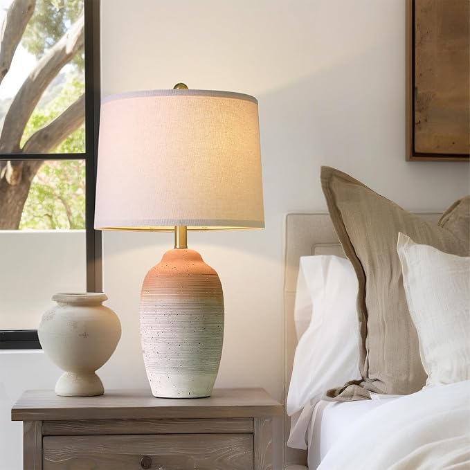24.5" Ceramic Table Lamp with 5FT Cord, Single Farmhouse Vintage Rustic Bedside Lamp for Living Room Bedroom Entryway, Linen Shade Nightstand End Table Decor (Bulb Not Included)-White&Brown