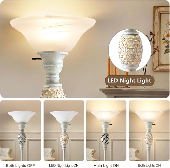 70" Torchiere Floor Lamp with NightLight, Etched Glass Shade, Bulb Included | Floor Lamps for Living Room, Bedroom, Office - vintage floor lamp with Rotary Switch , Home Decor, Bulb Included