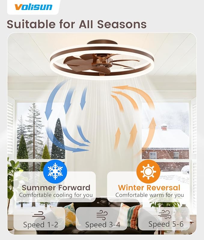 VOLISUN Low Profile Ceiling Fans with Lights and Remote, 24in Flush Mount Ceiling Fans with Light, 3000K-6500K Dimmable Fandelier LED Fan Light, Farmhouse Ceiling Fans with Lights for Bedroom