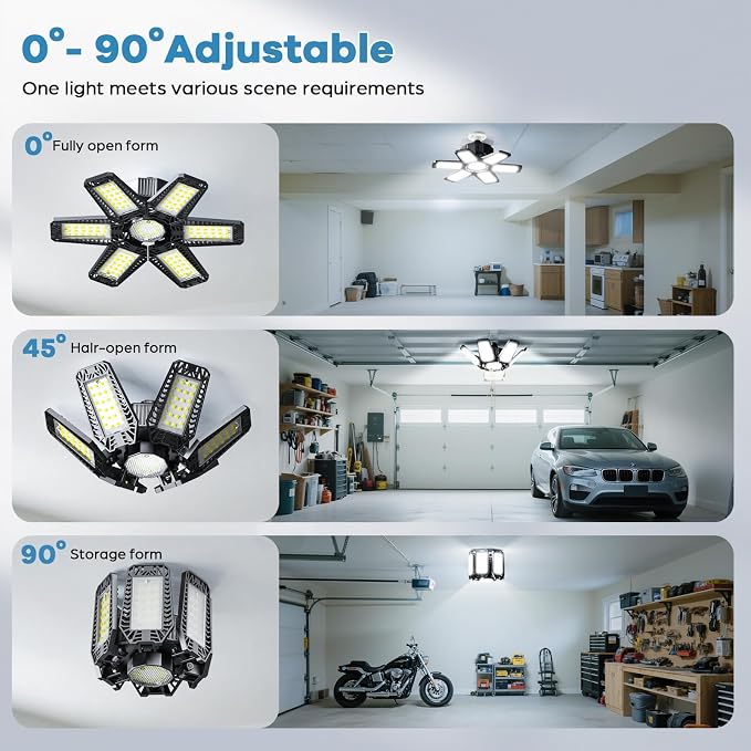 Garage Light - 180W 18000 LM 6500K Deformable Garage Lights Ceiling LED with 6+1 Adjustable Panels, Shop Lights E26/E27 Screw Socket for workshops, Parking, Basement, Storage Room