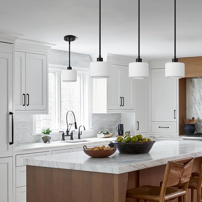 Black Pendant Lights Kitchen Island 2 Pack, Modern Milk Glass Hanging Light Fixtures with Rods, Mini Kitchen Pendant Lighting Over Island for Sink Bathroom, OS-YQ8153-2PBK