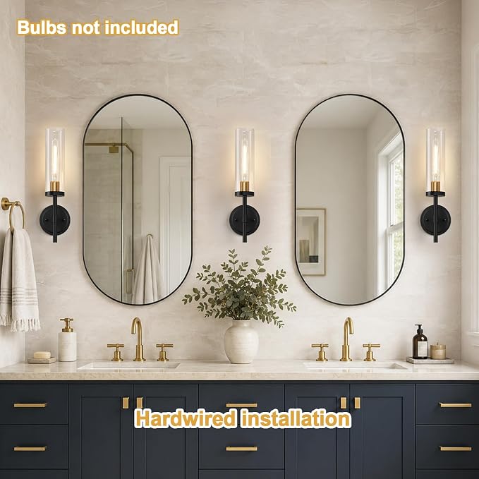 MOKATNG Hardwired Wall Sconces, Black and Gold Bathroom Sconces with Clear Glass, Modern Wall Light Fixtures for Bathroom Mirror Vanity, Living Room, Bedroom, Hallway, Stairway, Cabinet, Foyer