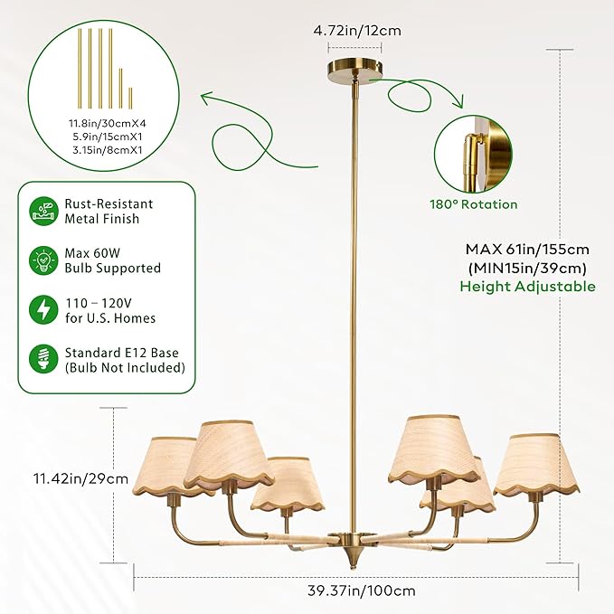 39" Boho Rattan Chandelier, 6-Light Rattan Pendant Light, Handwoven Natural Rattan, Rustic Industrial Adjustable Rattan Fixture for Dining Room, Kitchen Island & Living Room, E12 Socket