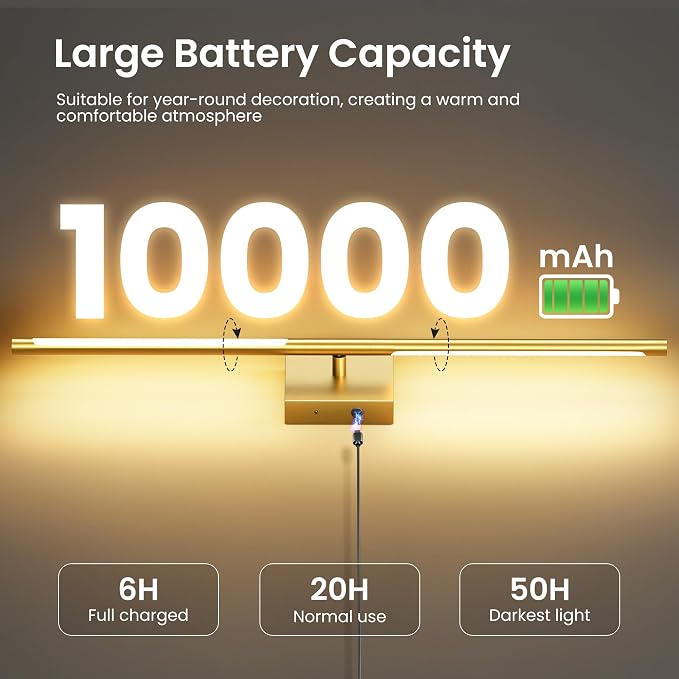 10000mAh Battery Operated Wall Sconces Set of 2, Gold, 29 Inch, 3CCT | Renter Friendly, Rechargeable Wall Lights, Remote Control, 360° Rotate, Dimmable, LED Cordless Lights for Bedroom Living Room