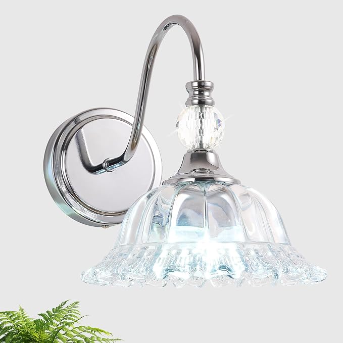 Bathroom Vanity Light Fixtures Single-Head Wall Sconces Lighting with Floral Crystal Glass Shade Chrome Wall Lights for Bathroom,Bedroom,Hallway,Bedside(Bulbs Not Included)