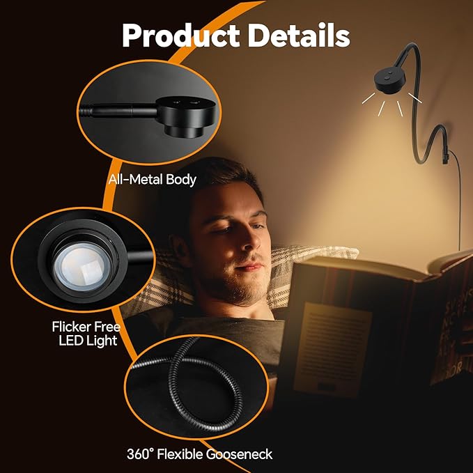 Wall/Headboard Mounted Reading Light, Minimalist Bedside LED Reading Lamp, CRI 95+ Dimmable Book Light, Dual Switches (Brightness & 3 Color Temp), 300° Rotatable Head, USB-C Powered