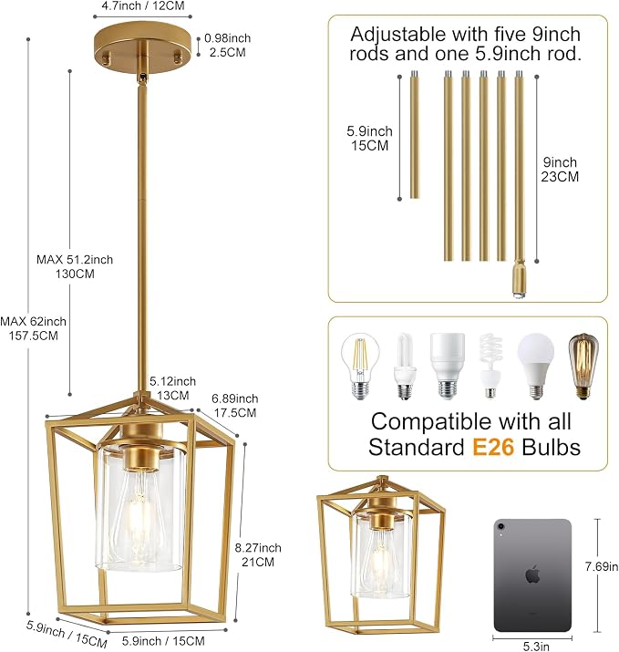 Gold Pendant Lighting for Kitchen Island, 1 Light Modern Cage Kitchen Hanging Pendant Lights with Clear Glass Shade for Kitchen Island, Dining Room, Entryway, Hallway