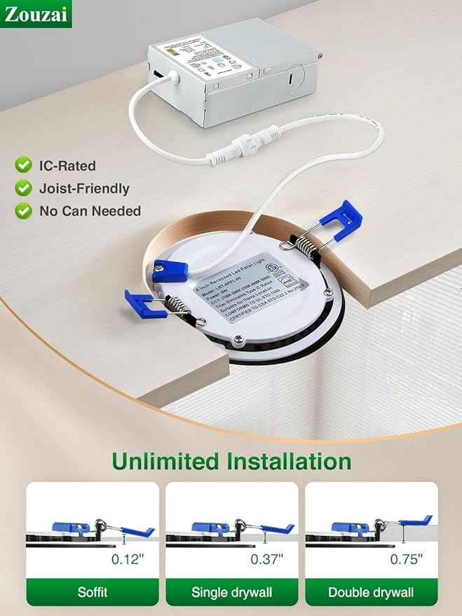 zouzai 24 Pack 6 Inch Black 5CCT Reset Ultra-Thin LED Recessed Ceiling Light with Junction Box, 2700K/3000K/3500K/4000K/5000K Selectable, 12W Eqv 110W,Dimmable- ETL and Energy Star Certified