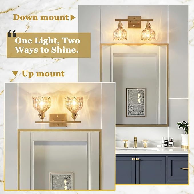 2-Light Amber Tulip Glass Vanity Light, Brushed Gold Vintage Bathroom Wall Sconce, 14.5" Antique Brass Wall Lamp for Mirror, Powder Room, Bedroom (Individual Rotary Switches, Bulbs Not Included)