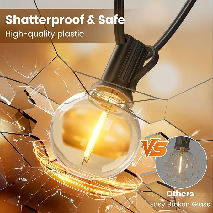 RTTY Outdoor String Lights LED 25 FT, Patio Light Waterproof 13 LED Bulbs | Shatterproof Dimmable Vintage Edison G40 Bulb, Connectable, Hanging lighting For Outside, Balcony, Cafe, Bistro, Warm White