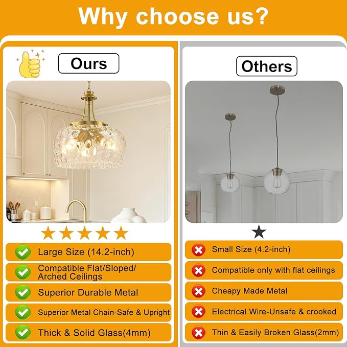 Modern Pendant Lights Kitchen Island, 3-Light Gold Pendant Light Fixtures with 14.2" Clear Hammered Glass Shade, Industrial Hanging Pendant Lights Fixture for Kitchen Island, Dining Room, Entryway