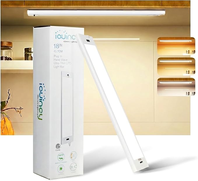 18 Inch Under Cabinet Lights Plug in, Wave Sensor LED Kitchen Lights Under Cabinet 5CCT Stepless Dimmable Counter Lighting, Aluminum Linkable Workbench Light Bar Over Sink 450LM 8W（NEW）