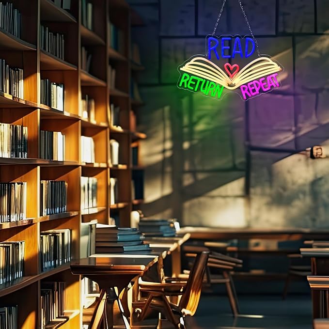 15.8 x 10 Inches Read Neon Sign Read Return Repeat Book USB Dimmable Neon LED Sign for School Library Reading Corner Classroom Wall Decor, Study Room Gifts Art for Book Lover