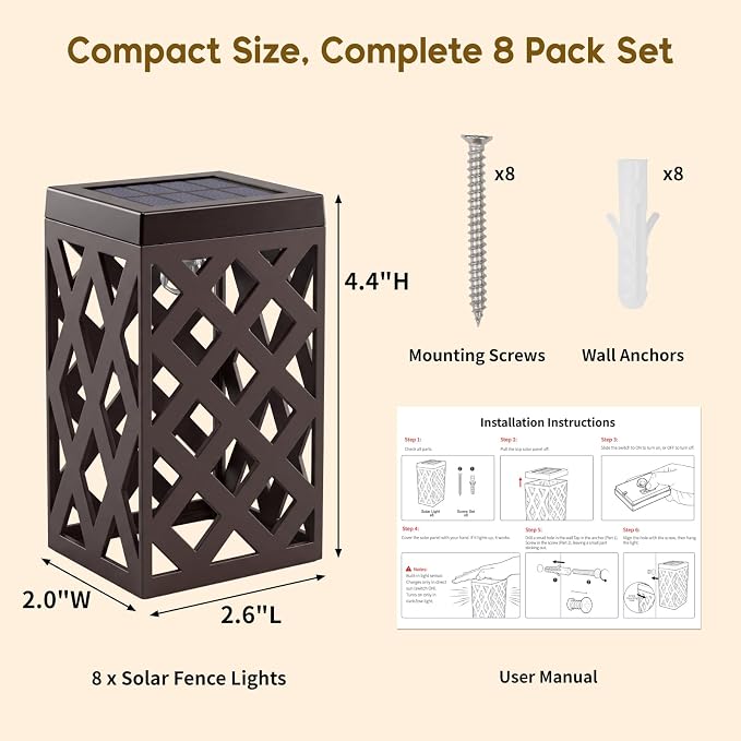 Solar Fence Lights Outdoor, 8 Pack Decorative Solar Lights with Warm Glow | Auto On at Dusk, IP65 Waterproof, No Wiring Accent Lighting for Fence, Patio, Deck, Walkway & Porch