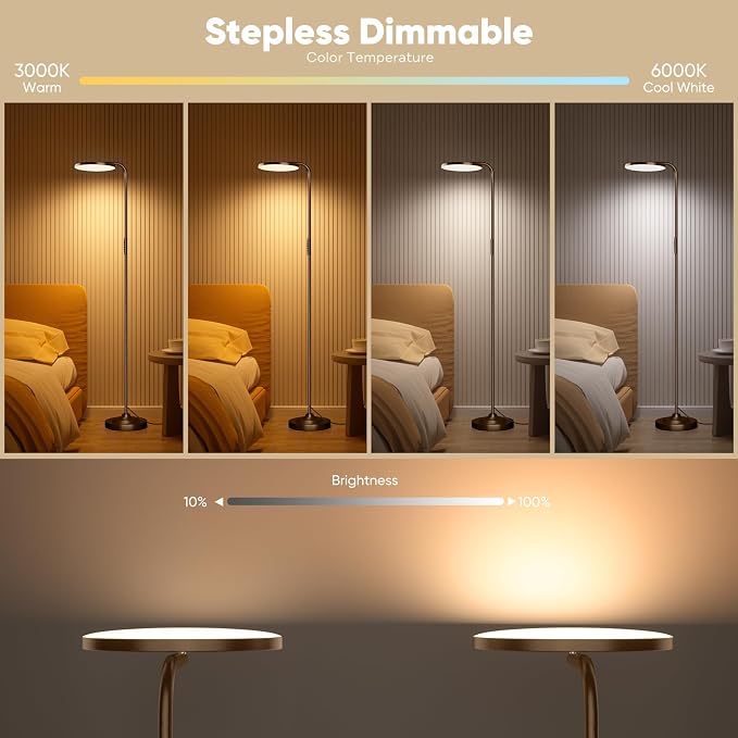 36W LED Floor Lamp, Super Bright Standing Lamp, Modern Stepless Dimmable Torchiere Tall Lamp with Remote Control, 350°Rotating Head Reading Floor Lamp for Living Room, Bedroom, Office