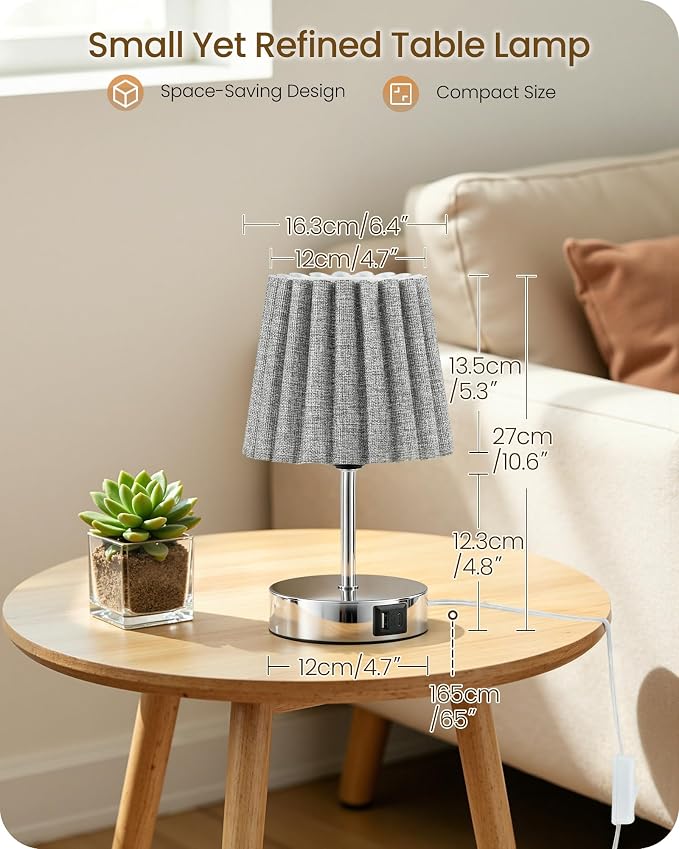 Small Bedside Table Lamp, Touch Dimmable Table Lamp with USB Ports, Nightstand Lamp with a Stepless Dimming LED Bulb, E26 Base, for Bedroom, Study, Desk, Glossy Gray and Gray PSH16TL05
