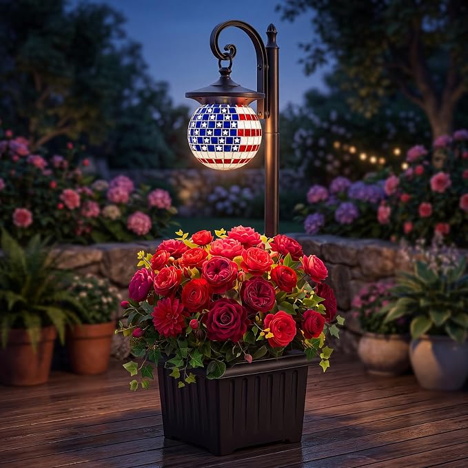 Solar Lamp Post Light with Planter, Patriotic Mosaic Outdoor Lantern Decor | Warm White LED Light, Dusk to Dawn, IP44 Waterproof, 4 Solar Panels, No Wiring Required, Energy Saving, Porch, Patio, Garden.