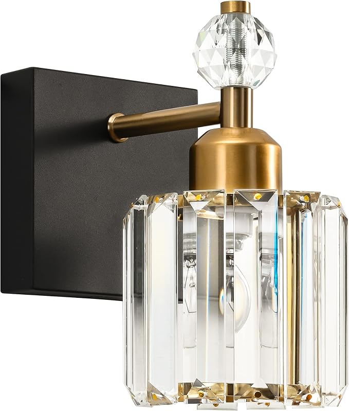 PRESDE 1-Light Bathroom Vanity Light, Modern Black and Gold Wall Sconce with Crystal Shade, Single Wall Lamp for Over Mirror Bedroom Hallway