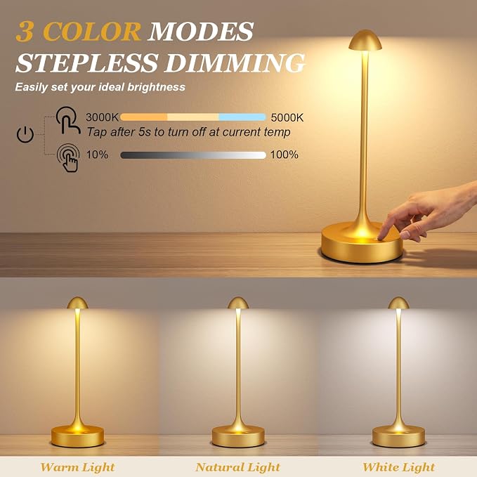 Kakanuo Rechargeable Cordless Table Lamp, Battery Operated Lamps, 3-Color Stepless Dimming, Portable Wireless Desk Lamp, LED Lighting for Dining Room, Restaurant, Office, Bar, Home(Gold 2 Pack)