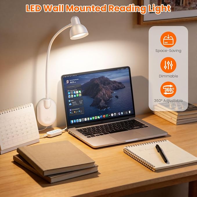 Wall Mounted Reading Light, LED Wall Bedside Lamp with Adapter White | 5 Color 10 Brightness,Plug-in Adhesive Wall Reading Lights for Books in Bed, Auto-Off Timer Wall Lights for Bedroom Headboard
