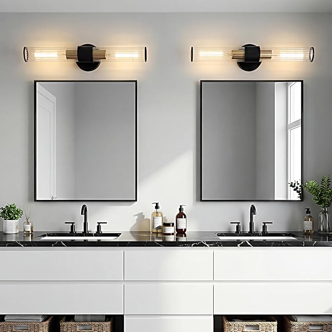 Bathroom Light Fixtures 2 Pack Hardwired, Black Gold Wall Sconce Threaded Glass Vanity Light Featuring Two E26 sockets, Bathroom Wall Light Dimmable - Bulb Not Included, UL Certification