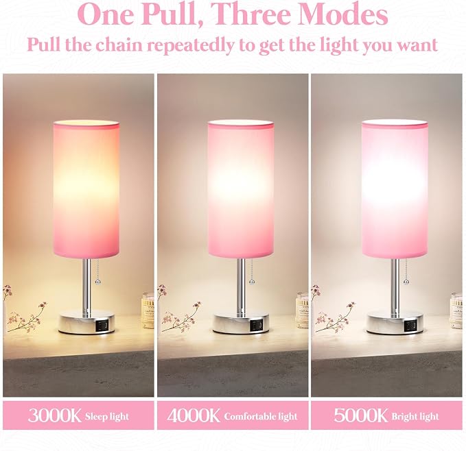 Pink Bedside Table Lamp for Bedroom - Small Nightstand Lamp for Girls | 3 Color Temp, USB A+C Ports, LED Bulb Included, Soft Pink Fabric Shade, Sleek Silver Metal Base, 14" Desk Lamp for Kids Dorm
