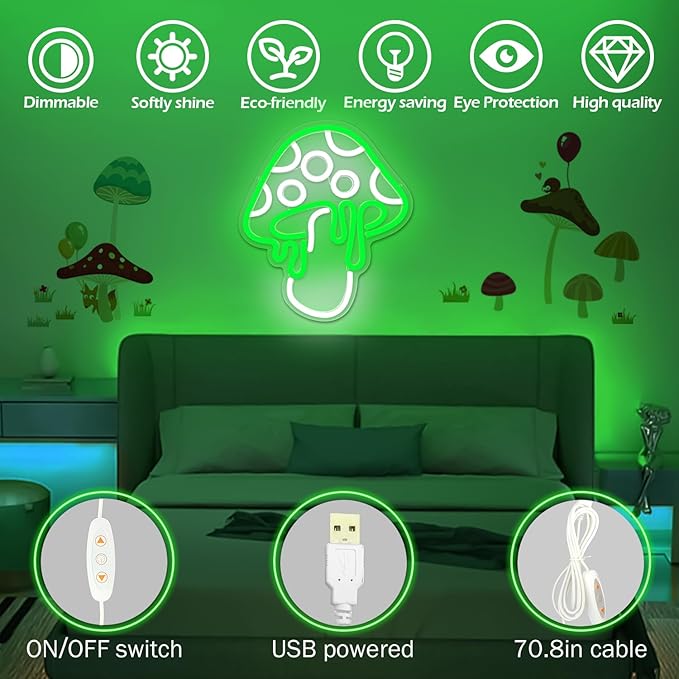 Ajoyferris Mushroom Neon Sign Dimmable Neon Light Sign Mushroom Night Light 3D Light Up Mushrooms Neon Signs for Wall Decor Game Room Bedroom Gift for Kids (Green)