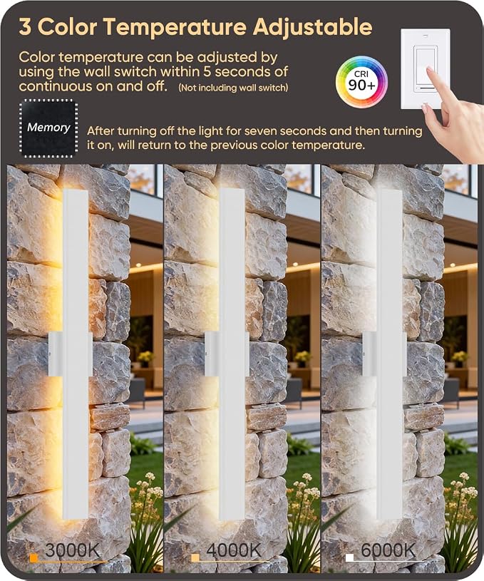 Aipsun 2 Packs Outdoor Wall Sconce, 3000K 4000K 6000K, 31.5in Modern White Exterior Light, Long LED Linear Wall Light Outside Lighting for Entrance, Hallway, Garage, Porch(3CCT)