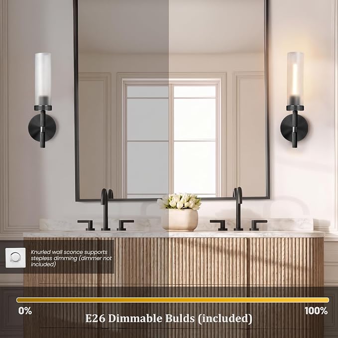 Bblack Knurled Wall Sconce 15", Bathroom Wall Sconce,Glass Tube Brass Sconces Wall Lighting,Bathroom Sconces Side of Mirror,Vanity Sconce Lights for Bath