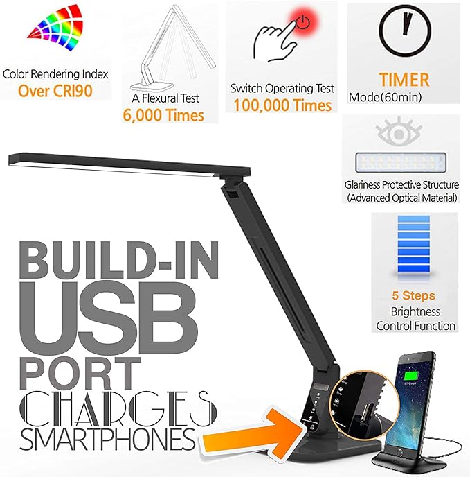 Lampat Dimmable LED Desk Lamp, 4 Lighting Modes (Reading/Studying/Relaxation/Bedtime), 5-Level Dimmer, Touch-Sensitive Control Panel, 1-Hour Auto Timer, 5V/1A USB Charging Port, Piano Black