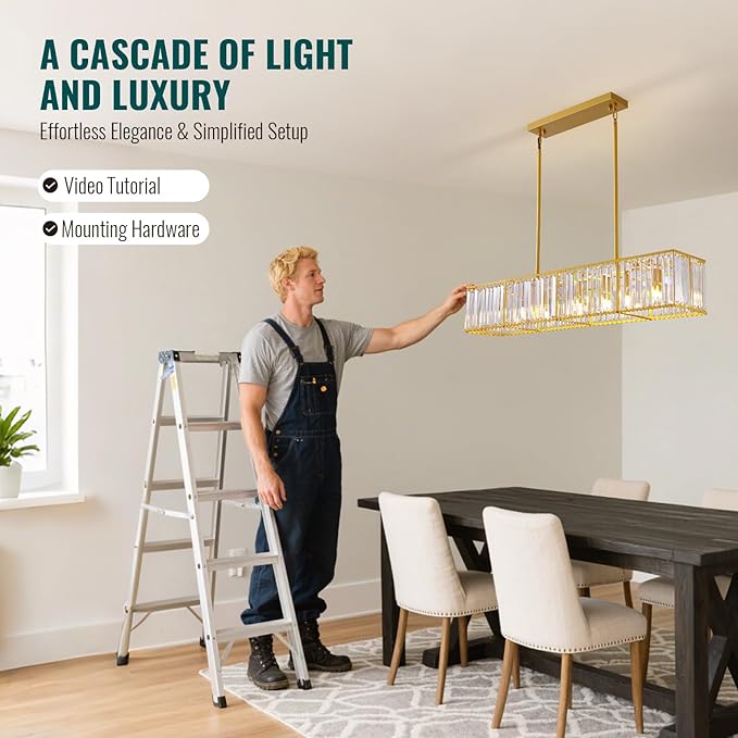Siljoy Modern Crystal Chandelier 7-Light Rectangle Gold K9 Crystal Raindrop Chandelier Luxury Dimmable Linear Crystal Pendant Ceiling Light for Dining Room Living Room Kitchen Island L47''