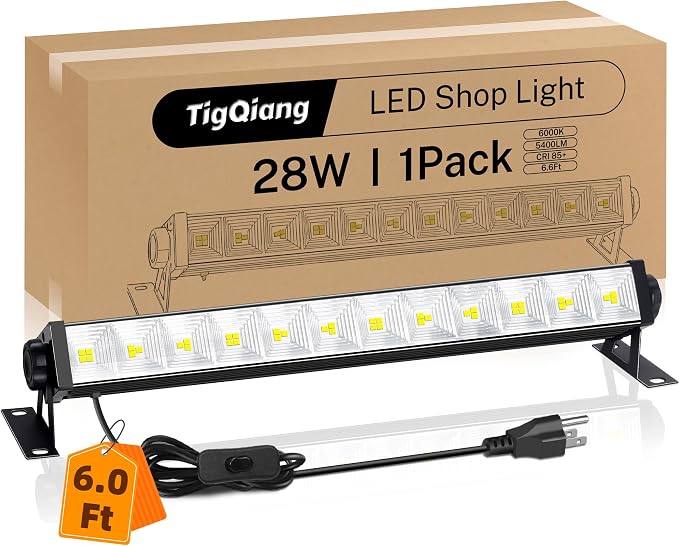 TigQiang 28W LED Shop Light, Plug in Garage Light, LED Work Light Bar | 5400 Lumens, 6.0 Foot Power Cord and Switch, 6000K Daylight White for Workshop, Warehouse, Yard, Workbench, Basement