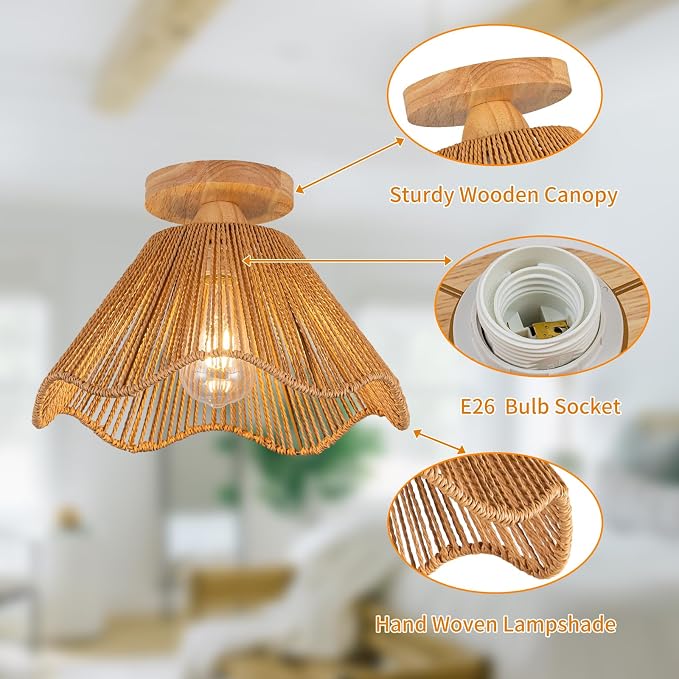 D12.5 Inch Boho Light Fixtures Ceiling Mount Boho Rattan Ceiling Light Flush Mount Mini Chandelier Bedroom Hallway Entryway Bathroom Nursery