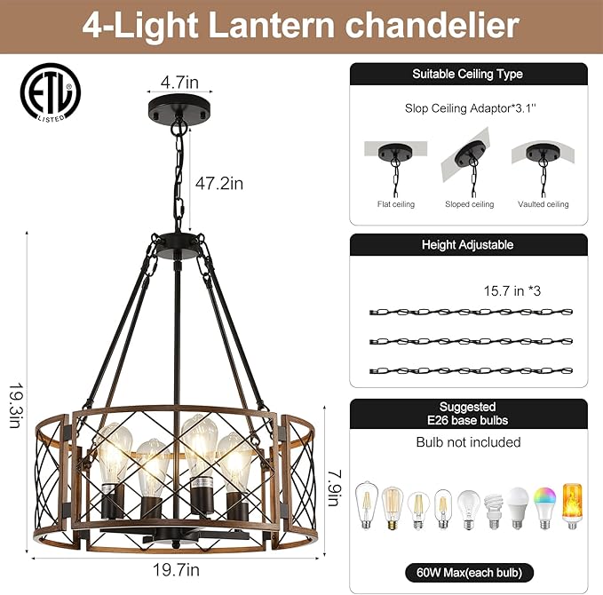 20'' Farmhouse Chandelier, 4-Light Black & Wood Grain Dining Room Light Fixture Over Table, Rustic Industrial Drum Hanging Pendant Lights Fixture for Kitchen Island Bedroom Hallway Foyer Entryway