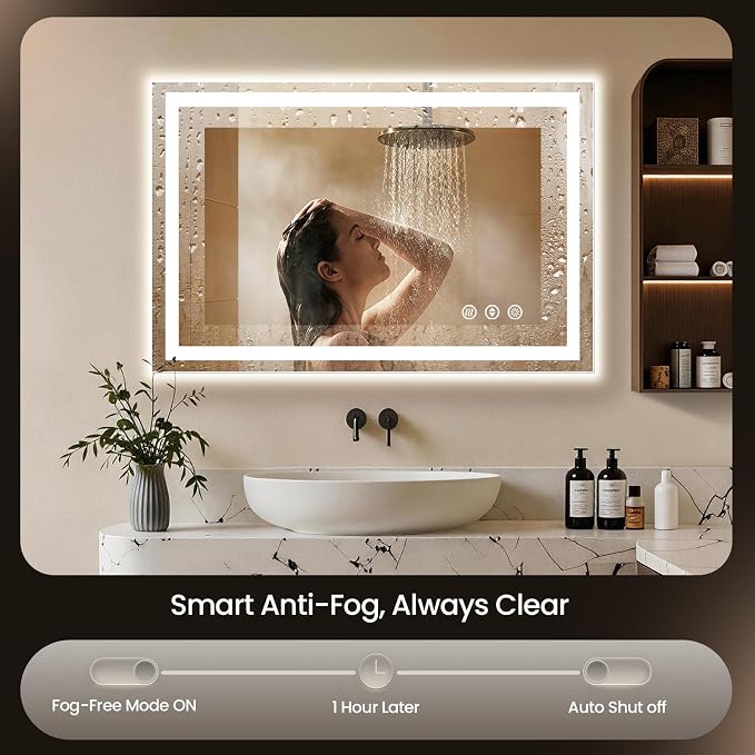 40x32 LED Bathroom Mirror with Anti-Fog, Backlit & Front Lit, Memory | Stepless Dimmable 3 Color CRI 95+ Shatterproof Tempered Glass ETL Listed for Safety Lighted Bathroom Vanity Mirror for Wall