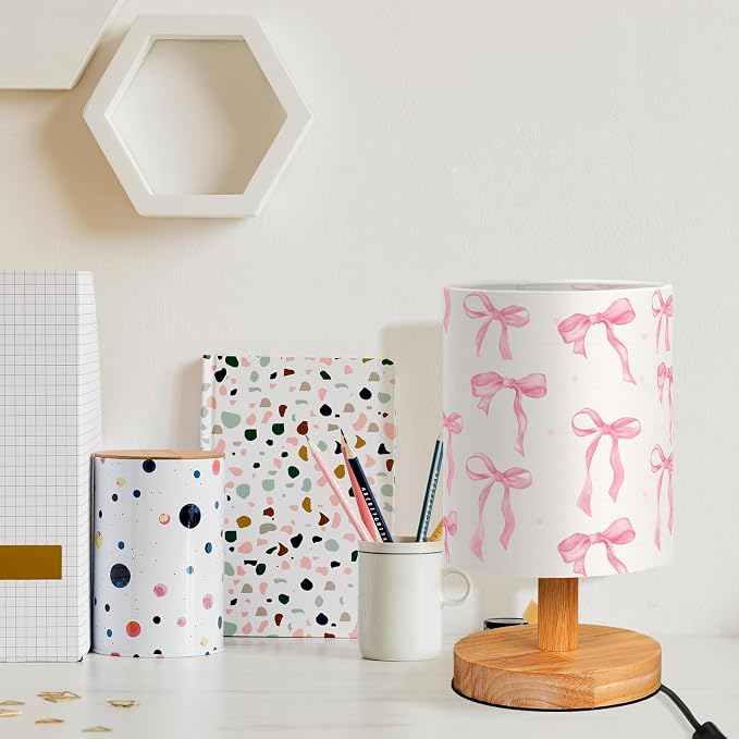 Bow Kids Table Lamp for Bedroom Kids Bedside Lamp with Linen Wooden Nightstand Cartoon Nursery Lampshade for Girls Boys Living Room