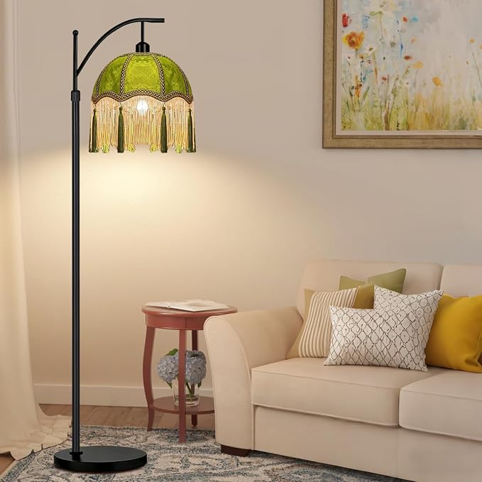 QIYIZM Arc Floor Lamp for Living Room,Bedroom,Standing Lamp with Remote Dimmable,Green Mid Century Black Tall Lamp Boho Vintage Retro Fringe Tassel Flower Velvet Unique Lamp Victorian Tiffany Decor