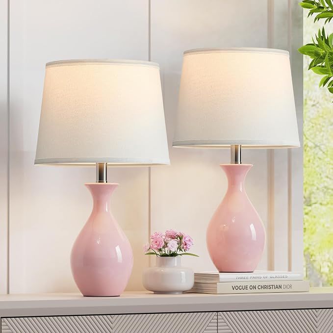 Table Lamp Set of 2, Modern Ceramic Bedside Lamps for Night Stands, Classic Small Lamp Nightstand Lamp for Bedroom Living Room Desk End Table Rocker Swtich Pink
